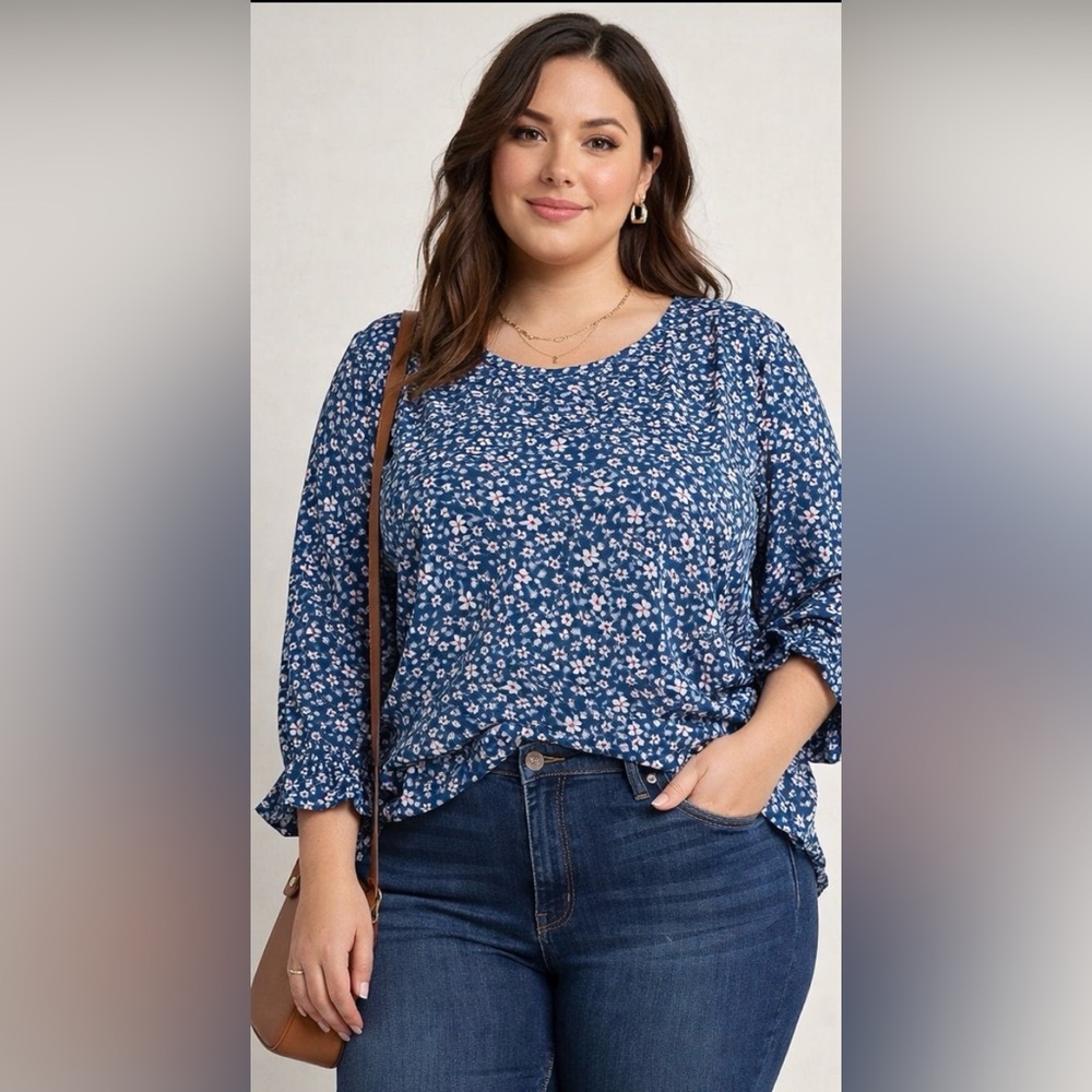 Washco Blue Floral 3/4 Sleeve Blouse